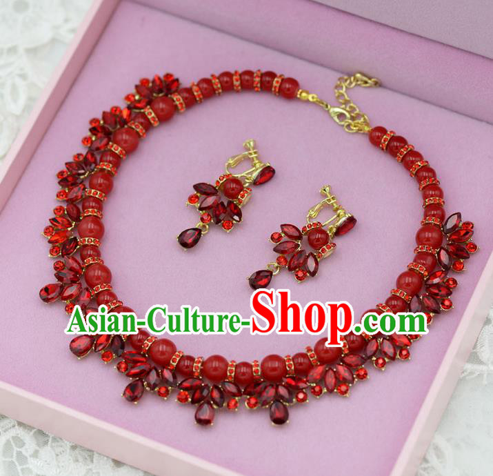 Traditional Wedding Jewelry Accessories, Palace Princess Bride Accessories, Engagement Necklaces, Wedding Earring, Baroco Style Red Crystal Necklace Set for Women