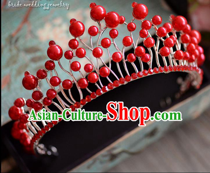 Traditional Jewelry Accessories, Palace Princess Bride Royal Crown, Imperial Royal Crown, Wedding Hair Accessories, Baroco Style Red Pearl Headwear for Women