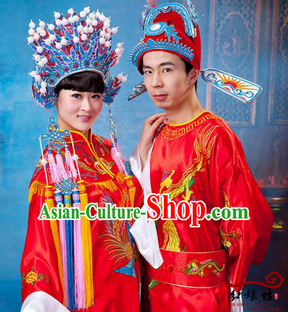 Traditional Chinese Wedding Dress Bride Groom Men Women Ancient Chinese Princess Prince Phoenix Coronet Shawl Zhuang Yuan Headwearing