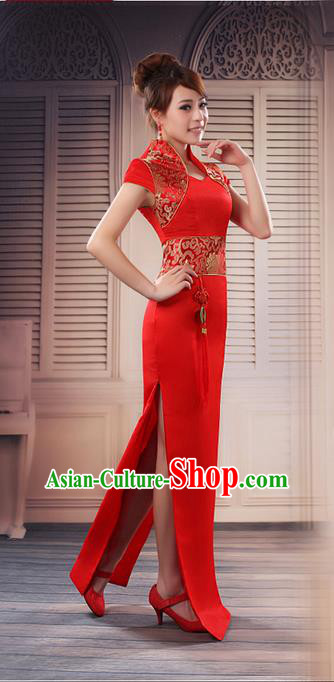 Ancient Chinese Costumes, Manchu Clothing, Hotel Etiquette Improved Cheongsam, Traditional Red Cheongsam Wedding Dress for Bride