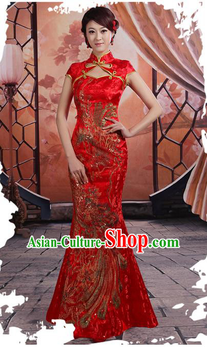 Ancient Chinese Costumes, Manchu Clothing Qipao, Hotel Etiquette Improved Cheongsam, Traditional Red Fish Tail Cheongsam Wedding Toast Dress for Bride