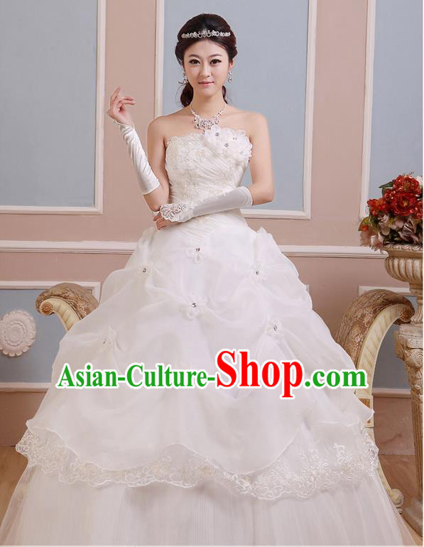 Traditional Chinese Large Size Bride Strapless Wedding Dress, Floor Length Wedding Dress for Women
