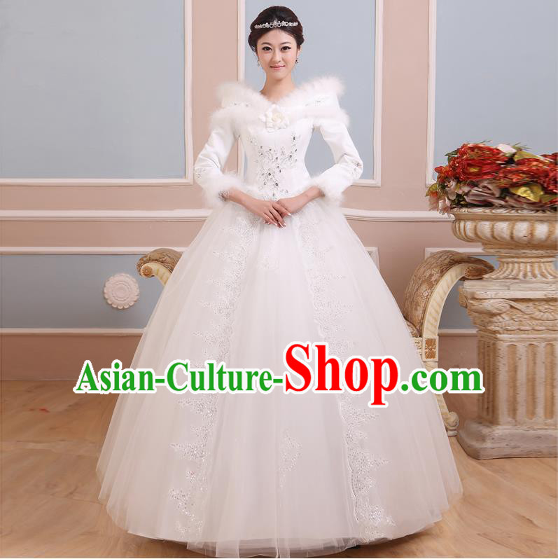 Traditional Chinese Large Size Bride Off Shoulder Wedding Dress, Floor Length Thicken Wedding Dress for Women