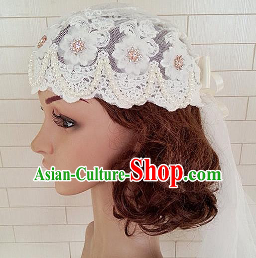 Chinese Wedding Jewelry Accessories, Traditional Bride Headwear, Wedding Tiaras, bridal Wedding Lace Pearl Veil Hair Clasp