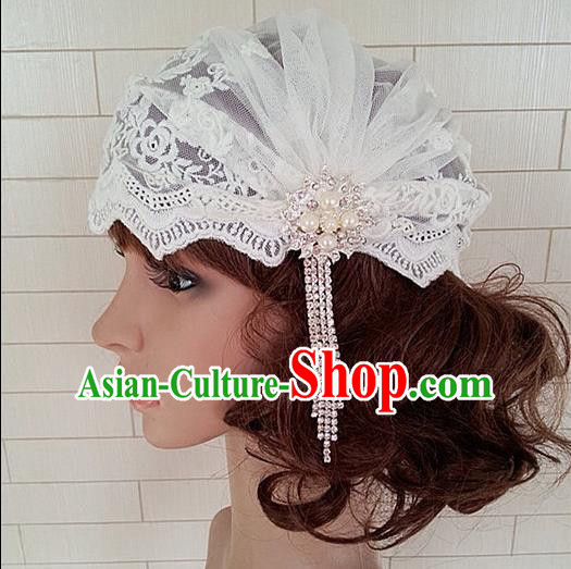 Chinese Wedding Jewelry Accessories, Traditional Bride Headwear, Wedding Tiaras, Imperial Bridal Wedding Lace Tassel Pearl Veil Hat