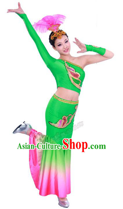 Traditional Chinese Dai nationality Peacock Dancing Costume, Folk Dance Ethnic Costume, Chinese Minority Nationality Dancing Costume for Women