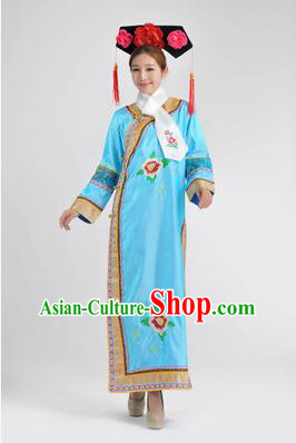 Qipao Qing Dynasty Clothing Empresses in the Palace Qing Chuang Stage Costumes Blue