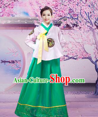 Korean Traditional Dress Women Girl Dancing Stage Ceremonial Dress White Top Green Skirt