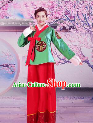 Korean Traditional Dress Women Girl Dancing Stage Ceremonial Dress Green Top Red Skirt
