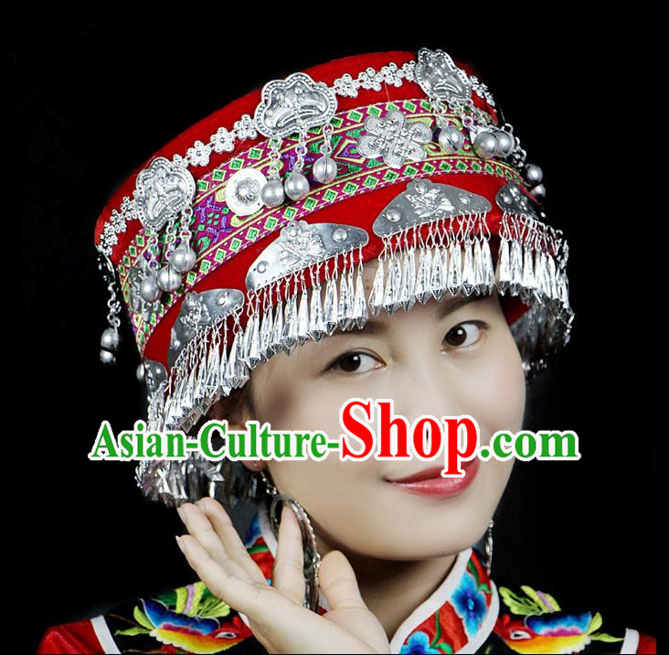 Chinese Traditional Miao Minority Hmong Folk Ethnic Hat, Tujia Minority Embroidery Bells Hat for Women