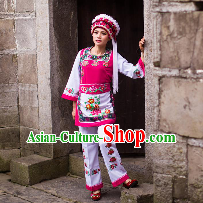 Traditional Chinese Bai Nationality Dancing Costume Set, Female Folk Dance Bai Ethnic Clothes and Hat, Chinese Minority Nationality Embroidery Costume for Women