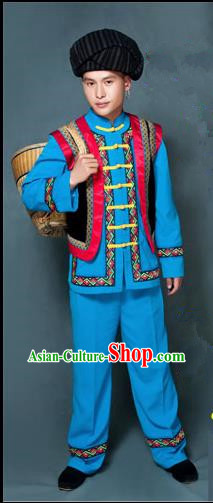 Traditional Chinese Miao Nationality Folk Dance Ethnic Wear, China Tujia Nationality Clothing Costume, Ethnic Dresses Cultural Dances Costumes Complete Set for Men