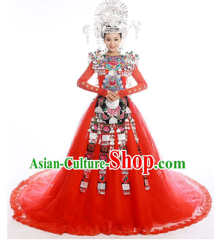 Traditional Chinese Miao Nationality Wedding Costume Accessories Crown, Necklace, Hmong Female Wedding Ethnic Trailing Dress and Phoenix Silver Headwear, Chinese Minority Nationality Embroidery Costume and Hat for Women