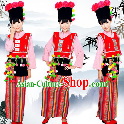 Traditional Chinese Achang Nationality Dancing Costume, Achangzu Female Folk Dance Ethnic Pleated Skirt, Chinese Achang Minority Nationality Embroidery Costume for Women