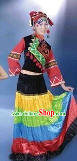 Traditional Chinese Yi Nationality Dancing Costume, Yi Female Folk Dance Ethnic Dress, Chinese Yi Minority Nationality Embroidery Costume for Women