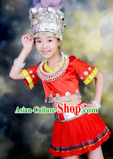 Traditional Chinese Miao Nationality Dancing Costume, Hmong Children Folk Dance Ethnic Pleated Skirt, Chinese Minority Tujia Nationality Embroidery Costume for Kids