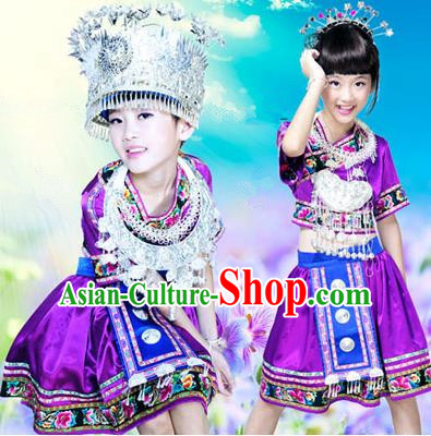 Traditional Chinese Miao Nationality Dancing Costume, Hmong Children Folk Dance Ethnic Pleated Skirt, Chinese Minority Tujia Nationality Embroidery Costume for Girls Kids