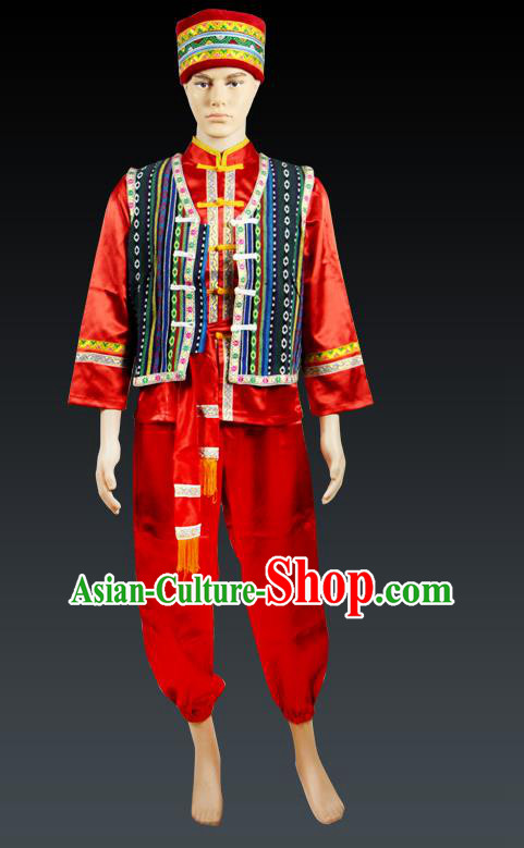 Traditional Chinese Zhuang Nationality Dancing Costume, Zhuangzu Male Folk Dance Ethnic Dress, Chinese Minority Zhuang Nationality Embroidery Costume for Men