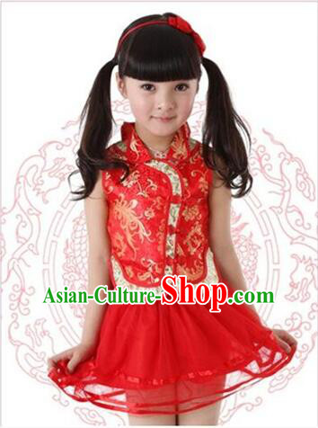Skirt For Children Girl Qipao Style Chinese Traditional Summer Princess Dress Red