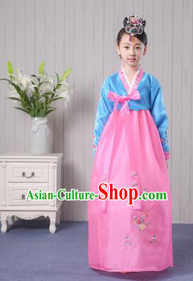 Korean Traditional Costumes Girl Dress Stage Show Dancing Clothes Blue Top Pink Skirt