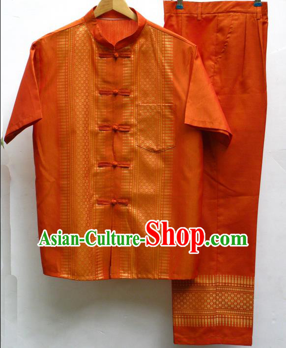 Traditional Asian Thai Male Costume Set, High-Grade Thai Silk Clothes and Trousers for Men