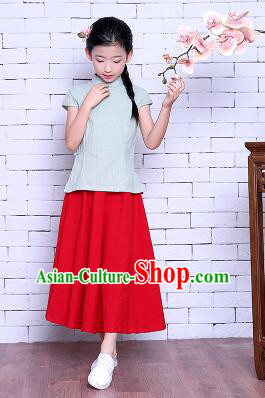 Girl Dress Min Guo Fan Fu Style Chinese Traditional Stage Costume Show Clothes Short Sleeves Green Top Red Skirt