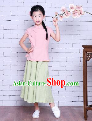 Girl Dress Min Guo Fan Fu Style Chinese Traditional Stage Costume Show Clothes Short Sleeves Pink Top Green Skirt