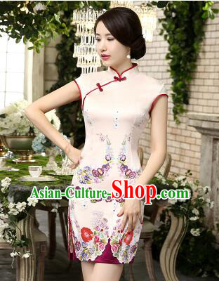 One Piece Dress Qi Pao Cheongsam Styel Short Sleeves Chinese Traditional Clothes Summer