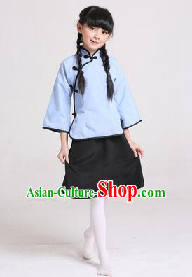 Chinese Traditional Clothes for Children Girl Wu Si Period Student Youth Day Stage Costume Blue