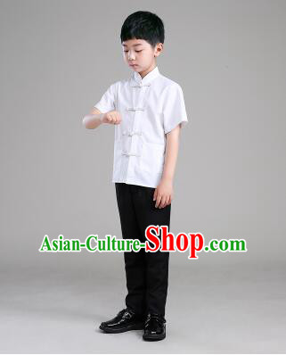 Chinese Traditional Clothes for Children Boy Short Sleeves Tang Suit Show Stage Costume White