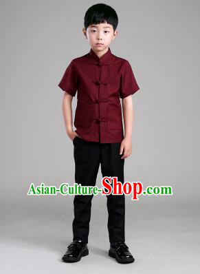 Chinese Traditional Clothes for Children Boy Short Sleeves Tang Suit Show Stage Costume Claret