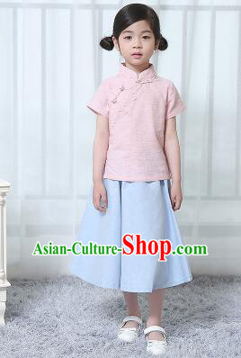 Chinese Style Dress Min Guo Student Dress Girl Female Kids Show Costume Stage Clothes Pink Top Blue Skirt