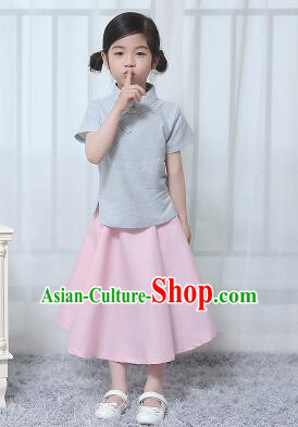 Chinese Style Dress Min Guo Student Dress Girl Female Kids Show Costume Stage Clothes Blue Top Pink Skirt