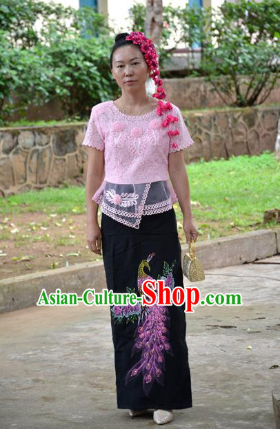 Traditional Asian Thai Dance Costume, Chinese Dai Nationality Long Skirt Black Peacock Skirt Nail Bead Dress for Women