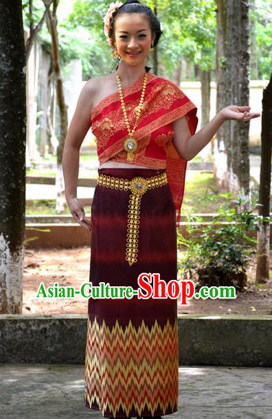 Traditional Asian Thai Palace Princess Wedding Costume Complete Set, Thai Shawl Royal Court Embroidery Clothing for Women
