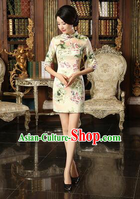Chinese Traditional One Piece Dress Silk Bracelet sleeve Three Quarter Sleeves Qi Pao Cheongsam Styel Short Sleeves Chinese Traditional Clothes