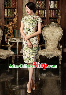 Chinese Traditional One Piece Dress Linen Short Sleeves Qi Pao Cheongsam Styel Chinese Traditional Clothes Slim Fashionable Green Flowers