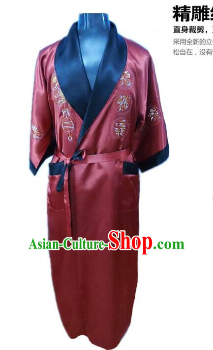 NIght Suit for Men Chinese Loong Dragon Embroidery Reversible Mock Silk Home Gown Black Red