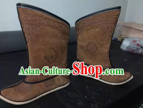 Traditional Chinese Minority Mongol Nationality Ethnic Minorities Mongolian Dance Cowhide Boots Mongolian Knee Embroidery Boots Jockey Boots Tanks Boots for Men