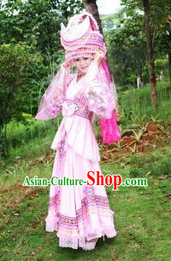 Traditional Chinese Miao Nationality Costume Set, Hmong Luxury Improved Bride Folk Dance Ethnic Long Pink Skirt, Chinese Minority Nationality Embroidery Costume for Women