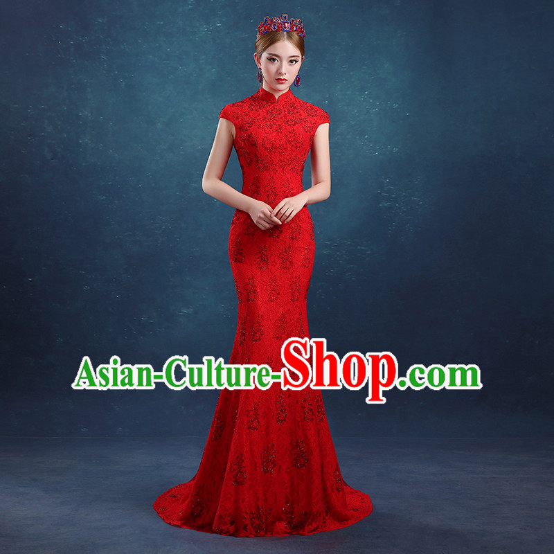 Ancient Chinese Bride Toast Clothing Cheongsam, Red Long Fishtail Wedding Dress, Traditional Female Chinese Style Bottom Drawer For Women