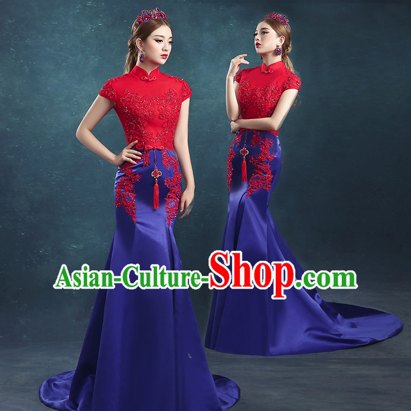 Ancient Chinese Bride Toast Clothing, Cheongsam, Red Long Fishtail Wedding Dress, Traditional Female Chinese Style Bottom Drawer For Women
