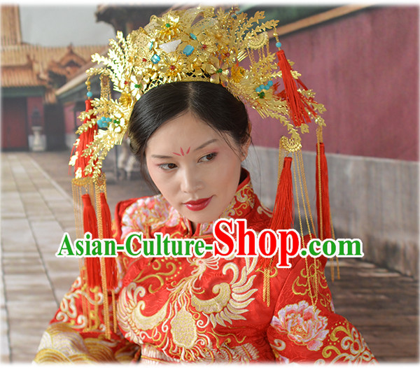 Chinese Qing Dynasty Xiuhe Suit Wedding Hair Accessories, Imperial Empress Handmade Phoenix Headpieces For Women