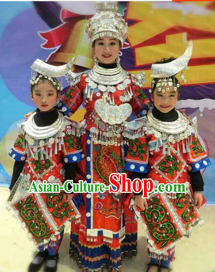 Traditional Chinese Miao Ethnic Clothing and Silver Hat Complete Set for Kids Children