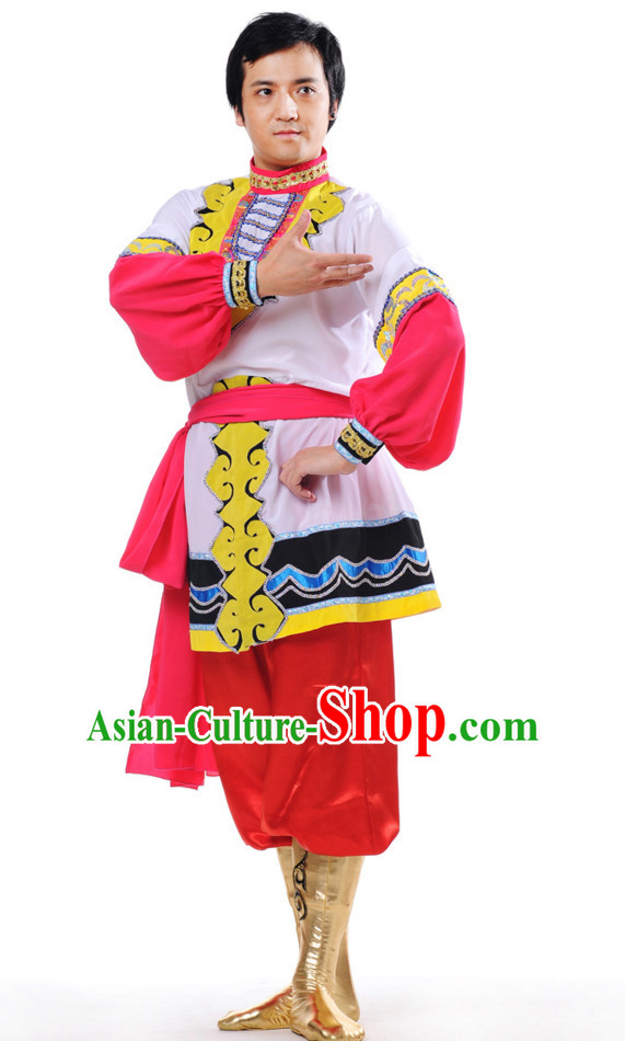 Chinese Traditional Ethnic Group Dancing Costumes and Headdress Complete Set for Men