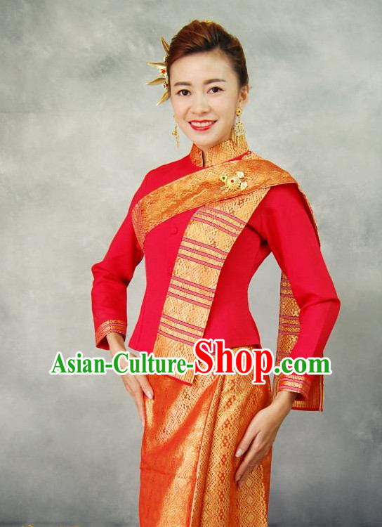 Red Traditional National Thai Dress Thai Traditional Dress Dresses Wedding Dress online for Sale Thai Clothing Thailand Clothes Complete Set for Women Girls Adults Youth Kids