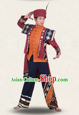 Chinese Traditional Folk Ethnic Dance Costumes Dancewear and Headpieces Complete Set for Men