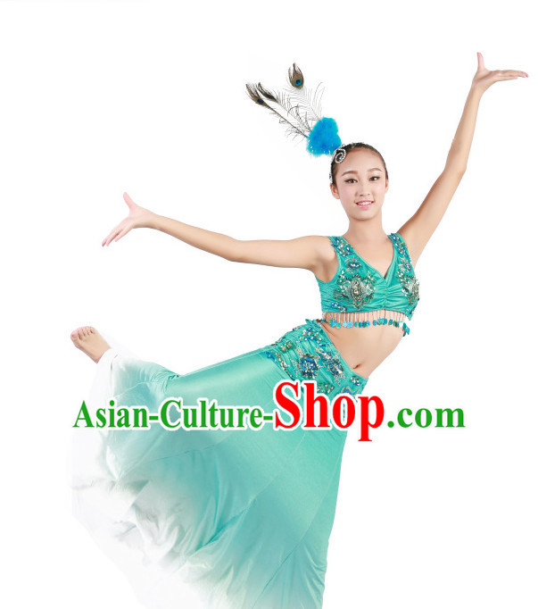 Chinese Traditional Folk Ethnic Peacock Dai Dance Costumes Dancewear and Headpieces Complete Set for Women