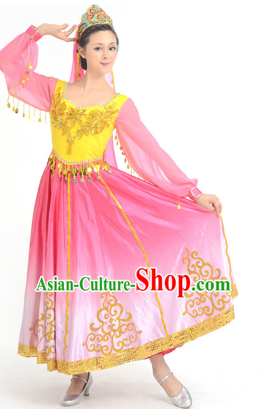 Traditional Chinese Ethnic Xinjiang Dance Costumes Custom Dance Costume Folk Dancing Chinese Dress Cultural Dances and Headdress Complete Set
