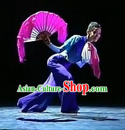Pure Silk Traditional Chinese Fans Oriental Fan Folk Dance Hand Fan Dance Ribbons Cultural Dances and Handkerchief Set